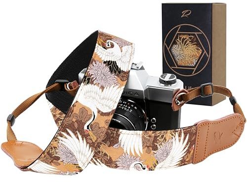 Padwa Lifestyle Brown Crane Kameragurt - 2“ Rindsleder Kopf Baumwolle Kameragurte für Fotografen, Vintage japanischen Kunstdruck verstellbaren Hals & Schultergurt für alle DSLR/SLR-Kameras