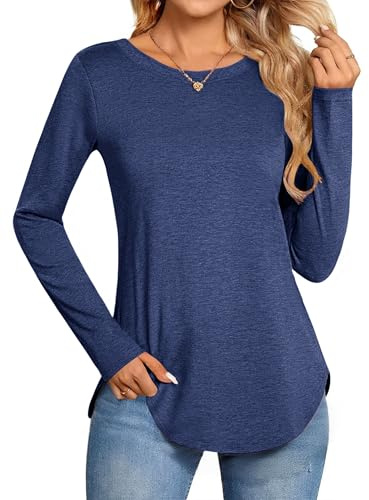 Zeagoo Långärmad tröja för damer, rund halsringning, casual t-shirt, höst, longsleeve, pullover, bas, topp, enfärgad, business longshirt S-XXL, blå, M