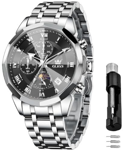 OLEVS Männer Uhr Quarz Luxus Business Uhren Multifunktion Chronograph Mondphase wasserdicht Leuchtend Edelstahl Armbanduhr
