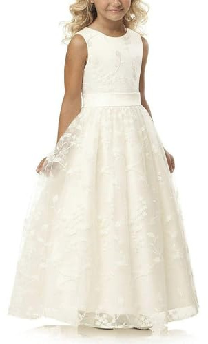 Mifeiwukawa Vestido de encaje para niña de 2 a 12 años de edad, acampanado, con cinturón, para concurso de boda, Marfil, 10-11 años