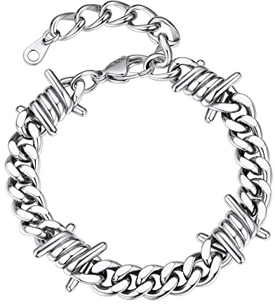 Bestyle Stainless Steel Cuban Link Bracelet for Men, Spike Barbed Wire Chain Bracelets Hip Hop Mens Jewellery
