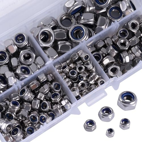 SUKITMISO 220 Stück Sicherungsmuttern Sortiment, M3 M4 M5 M6 M8 Sicherungsmuttern, 304 Edelstahl Stoppmuttern Set, Sechskantmuttern Set, für Schrauben Unterlegscheiben Gewindestangen