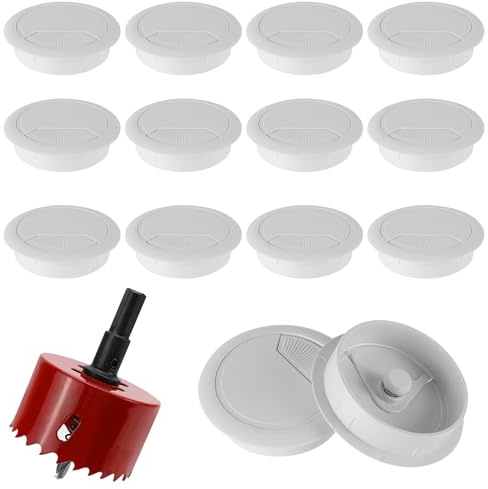 LPZMPZ 12 Stück Kabeldurchführung Schreibtisch Kabeldurchlass Weiß Ø 60 mm mit 1 Stück Lochsäge 60mm, Tisch Kabeldurchführung für Computertisch, Tisch Büro, Arbeitsplatten, Möbel