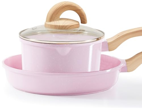 Florosa Ceramic Induction Pan Set, 3-Piece Pots & Pans with Lids with Granite Patterns, Non-Stick Coating, 16/20 cm, Pink