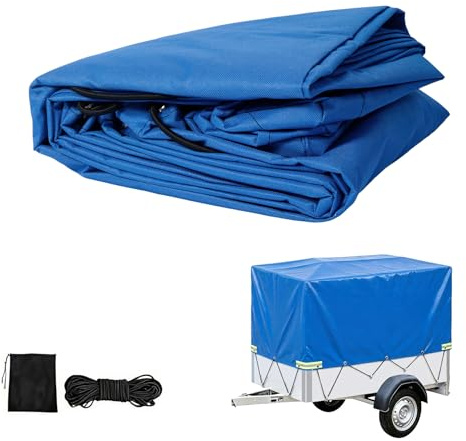Premium Anhängerplane 210x114 cm (Rand 90cm) - 600D Oxford Gewebe Blau - Extra Reißfest & Wasserdicht - Flachplane inkl. Expanderseil & Verstärkte Ecken - Robuste Abdeckplane für PKW Anhänger