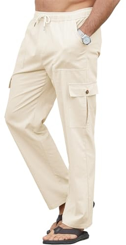 YloveM Pantalon Lino Hombre Largos con CordóN Casual AlgodóN Pantalones Hombre Cargo Verano Bolsillos Sueltos PantalóN Lino Hombre Verano con Cintura EláStica Playa Caqui M
