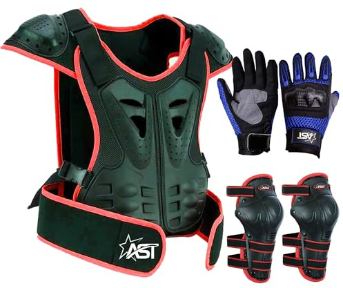 Kids Children’s Safety Protective Reflective Body Armor Suit Back Protector Great for Sporting Activities with Knee Pad & Hard Knuckle Gloves Sleeveless Suit