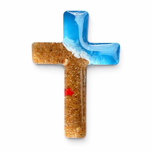 Broche Croix Catholique en Résine avec Sable Véritable, Thème Marin, Faite à la Main en Provence