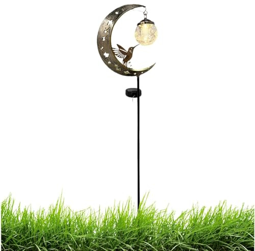 Solar Outdoor Hummingbird Light with Cracked Glass Globe for Garden & Patio | Hummingbird Moon Solar Garden Stake Light, 2026 Solar Hummingbird Light - Crackle Glass Globe, Waterproof LED