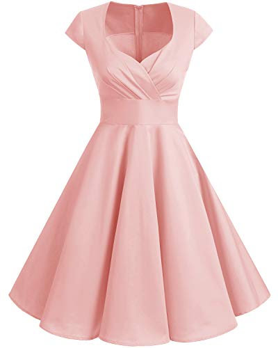 bbonlinedress 1950er Vintage Retro Cocktailkleid Rockabilly V-Ausschnitt Faltenrock Blush XL