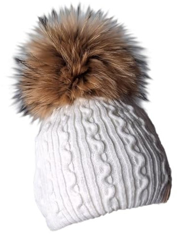 MERRYLAND Mütze Echtfellbommel Pudelmütze ECHTFELL Bommelmütze Hat Real Fur Pompom Beanie Fellbommel Echt Fell Strickmütze Bommel Pelzbommel Waschbär Raccoon Pelz