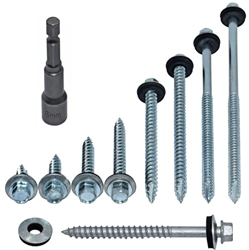 500, 45mm Corrugated Roofing Screws, Caps & 3 Hex Bits - for Fixing Corrugated Metal Sheeting to Timber