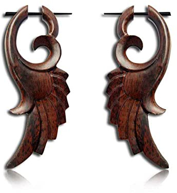 viva-adorno 1 Paar Holz Ohrringe geschnitzt Holz Creolen Pin Ohr Piercing Ethno Tribal Flügel CC470B