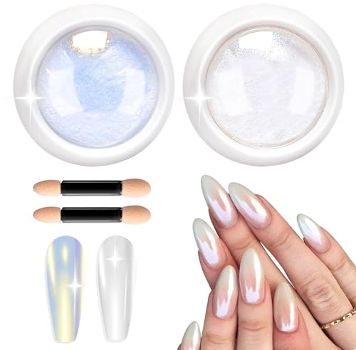 Weiße Perle Chrome Nail Powder- 2PCS Chrom Nagelpuder Nail Art Glitter Glassy Pearl Effect Nail Powder Schimmer Chrom Pigment Pulver für Chrome nails und Glazed Donut Nails für DIY-Salon