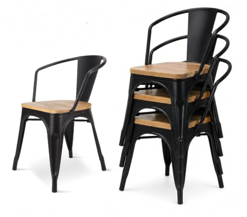 Kosmi - set med 4 stolar i matt svart metall i industriell stil med ljus naturligt trästol, industriella stolar med armstöd