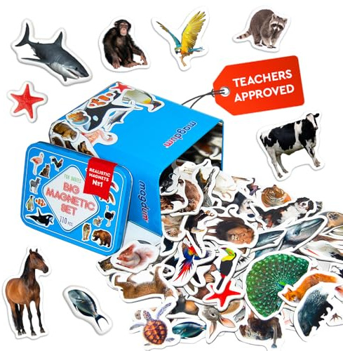 Magdum Tiermagnete für Kinder 110 Zoo, Bauernhof, Wald, Meer Vögel Geschenk | Realistische Magnettiere für Kühlschrank, Whiteboard in großer Blechdose – Montessori Lernspielzeug für Vorschule, Zuhause