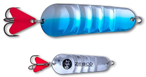 Zebco Premium Trophy Z-Ace Blinker Angelköder gewellter Hecht Köder mit rotem Anbisspunkt am Drillings-Angelhaken Raubfisch Spoons Angel-zubehör, Silber/blau, 13 g