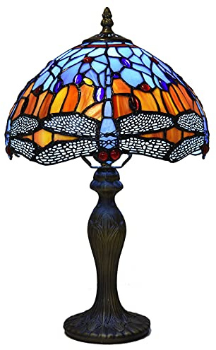 Tiffany Lamp 10 inch Blue & Amber Dragonfly - Stained Glass Table Lamp | Tiffany lights table lamps, handcrafted stained glass on a resin base. For living room, bedroom or bedside.
