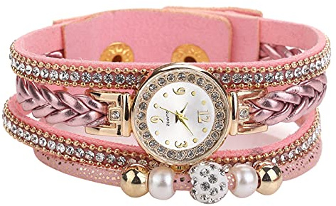 Bohème Simple Bracelet Summer Party Cadeau Rétro Multicouche Perles Bracelet Tressé Femme Chiffre Arabe Quartz Montre-bracelet Rose