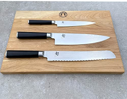 KAI SHUN Classic Messerset | DM-0701 Allzweckmesser + DM-0706 Kochmesser + DM-0705 Brotmesser + 40x25 cm Eichenbrett