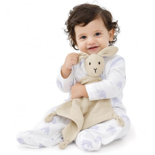 ZIGJOY Muslin Baby Comforter Bunny Security Blanket Lovey Gift for Newborn | 28 x 28 cm for Easy Grip & Carry | 2-Layer Soft Cotton | Soothes, Self-settles | Lovely Gift for Boy Girl | Machine Washable