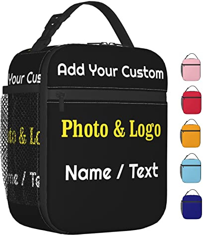 XIAYPRL Custom Photo Lunch Bag with Name, Design Personalised Lunch Box Bag for Kids Boys Girls Women Men to School Work, Thermal Insulated Tote Bag with Mesh Pocket Water Bottle Holder