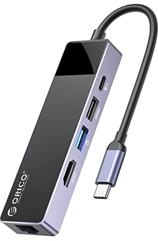 Concentrador USB C, Distribuidor USB 5 en 1, Adaptador multipuerto con PD 60 W, HDMI 4 K a 30 Hz, USB-A 3.0 × 1, USB-A 2 .0 × 1,RJ45 × 1, Divisor USB Compatible con portátiles DELL/Surface/HP/Lenovo