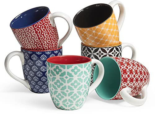 DOWAN Coffee Mugs Set of 6 - 19oz/560ml Ceramic Mugs Set - Large Tea Coffee and Hot Chocolate Cups - Oriental Classical Fancy Mugs - Great Gift for Lovers - Multicolor