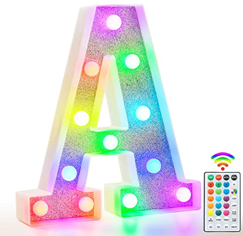 Colorful Light Up Letters, Glitter LED Letter Lights 18 Color Changing Shiny Alphabet Sign Gifts for Girls Women Party Birthday Decorations Remote Night Light Christmas Valentine Wall Table Decor - A