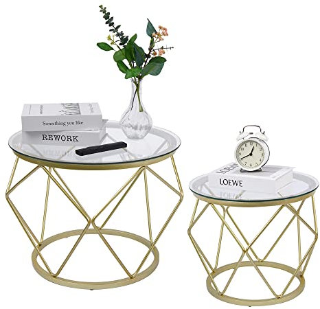 Hzuaneri Couchtisch rund, 2er Set Beistelltische, Beistelltisch-Set mit Metallrahmen, Kleiner Beistelltisch für Wohnzimmer, Schlafzimmer, Büro, Schlafzimmer, Gold 01801GCT