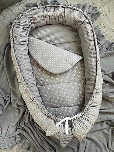 WAFFELPIQUE Grau/Mini PUNKTE Bio-Baumwolle Babynest Neugeborene Baby Unterlage Reisebett Nestchen SOLO/o. in PREMIUM Ausstattung SETS (Nestchen + MATRATZE (Ersatzboden))