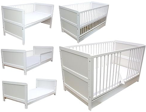 Kinderbett Juniorbett Beistellbett Babybett 3in1 weiß mit Matratze und Schublade