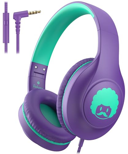 RockPapa C24 Kinder Kopfhörer mit Kabel, HD-Mikrofon, Leichte, Faltbare Kabel kopfhörer mit 3,5 mm Jack, On-Ear Stereo Bass Kopfhörer für Schule/Reise/Telefon Violett Grün