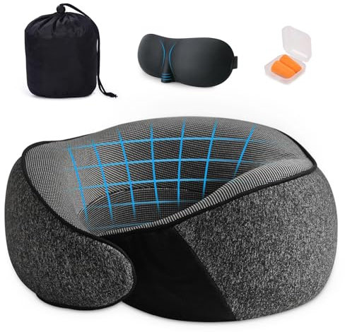 mauepersu Oreiller de Nuque en Mousse à mémoire de Forme pour Voyage, Mousse à mémoire de Forme, pour Voyage en Avion, Voiture, Train, avec Masque de Sommeil 3D, Bouchons d'oreilles, Sac en Maille