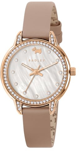 RADLEY Womens Rose Gold Plated Stone Set Mother of Pearl Cobweb Pink Leather Strap Analogue Watch