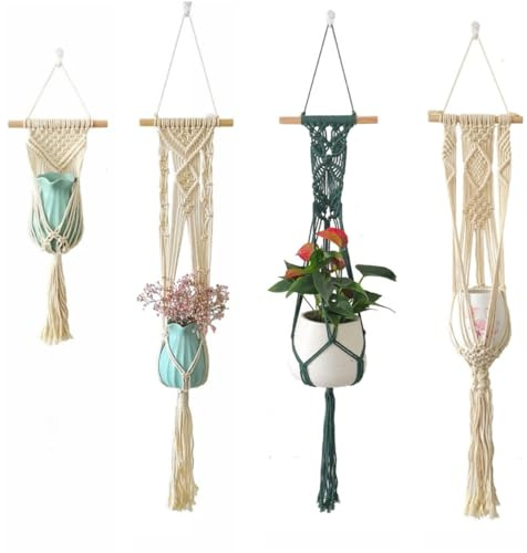 janeunique 4er Set Makramee Blumenampel Hängend Innen, Handgefertigte Pflanzenhalter aus Baumwolle mit Holzstab, Boho Deko Wandbehang Blumentopf Halter für Zimmerpflanzen Wohnzimmer Balkon