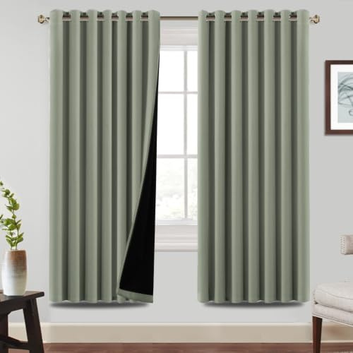 BellaHills 100% Blackout Curtains for Bedroom Thermal Insulated Blackout Curtain Heat and Full Light Blocking Eyelet Curtains for Living Room with Black Liner 2 Panels, 90 x 72 Inch, Light Sage