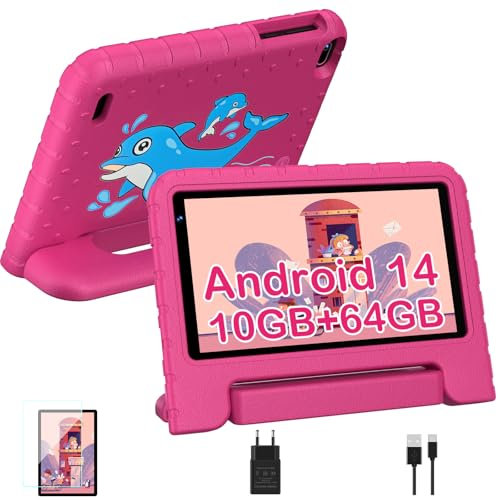 Biegedy Tablette pour 7 Pouces Android Tablette Enfants avec 10GB+64GB(TF 1TB),Kids Tablette Tactile Octa-Core,Éducative Apps Pré-Installé,Contrôle Parental, WiFi 6, BT5.0,Cas EVA - Pink
