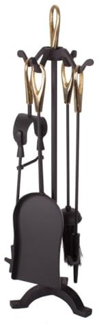 Unibos Premium Quality 5 Pieces Fireplace Tools Sets Black Wrought Iron and Indoor Fireplace Accessories Log Holder Fire Pit Stand Fire Tongs Shovel Antique Brush Chimney Poker Wood Stove