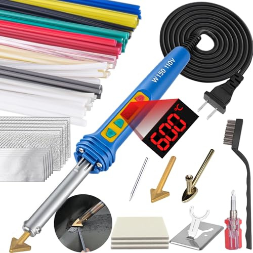 GNI - Soldador de plástico de temperatura ajustable digital de 150 W, 106 varillas de soldadura, kit de reparación de 4 puntas 3 en 1, kit de soldadura de plástico para kayaks de parachoques
