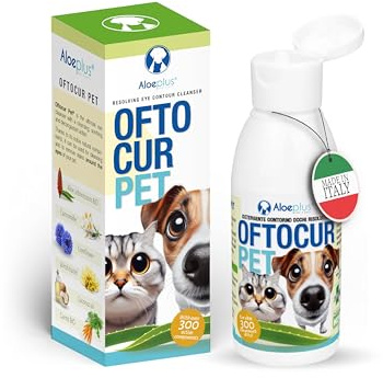 Aloeplus Oftocur - Detergente Oculare Cani e Gatti 100ml, Rimuove Macchie da Lacrimazione e Allevia Irritazioni, 100% Naturale con Aloe Arborescens e Camomilla, Sicuro e Delicato per Tutte Le Razze
