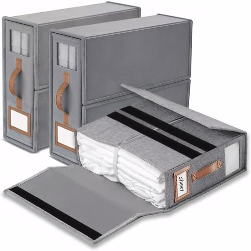 SwartLife Lot de 3 Rangement Drap de Lit en Lin - Organisateur de Linge de Maison Pliable pour Draps King Size & Couettes - Boîte de Rangement Armoire avec Fenêtre & Étiquette -Gris