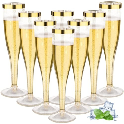 AUTOWNLUX 50 Stück Sektgläser Plastik, 150ml Champagner Gläser mit Goldrand und Goldglitter aus Kunststoff, Sektglas Plastik Mehrweg für Mimosa Bar Hochzeit Party Picknick im Freien