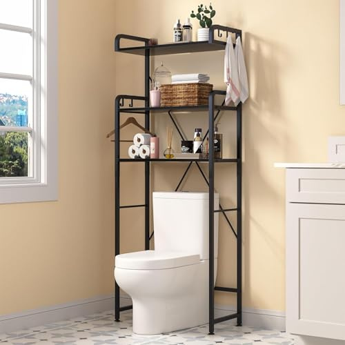 Huhote Toilettenregal, Waschmaschinenregal, WC Regal über Wasserklosett Waschmaschine, 3 Ebenen Badezimmerregal, Bad-Organizer mit 5 Haken, Platzsparend, für Waschküche Badezimmer Toilette, Schwarz