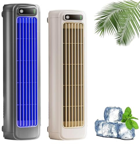 Rafraichisseur D'air, Rechargeable, Portable Desktop Tower Fan with 3 Speed Settings and Silent Operation for Kitchen, Bedroom, Outdoor Picnic (Gray + Beige)