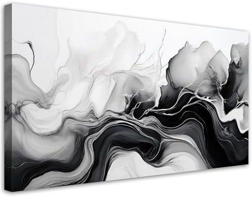 Feeby Leinwandbild - Bilder Wohnzimmer - Tinten-Abstraktion Schwarz & Weiß - 80x40 1tlg - Deko Schlafzimmer - Wanddekoration - Aesthetic - Groß Moderne Bild - Foto auf Leinwand