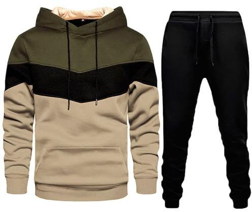 Generisch, tuta sportiva da uomo a taglia corta, top patchwork casual, pantaloni da tempo libero, felpa, abito sportivo da uomo per matrimonio, nero, verde militare, M