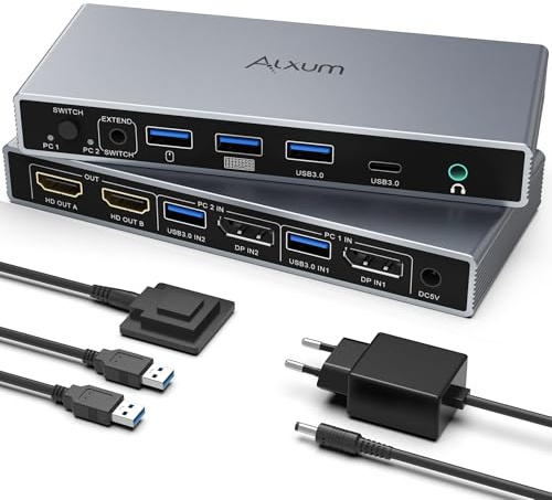 Alxum KVM-switch för 2 datorer och 2 bildskärmar, 2x DisplayPort in och 2x HDMI switch ut med 4x USB 3.0-portar, 4K@60Hz omkopplare, kompatibel med tangentbord, mus, ljud, lagring