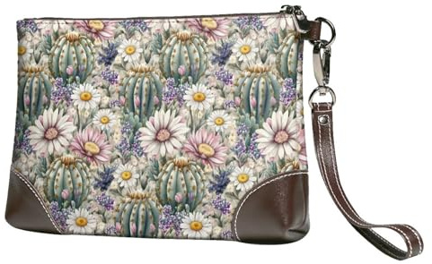 Small Clutch Purses for Women - Elegant Daisy Cactus Print Leather Fashion Wristlet Wallets with Wrist Strap