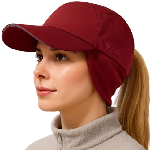TOP-EX Damen Winter mütze mit Ohrenklappen wasserdicht Women Beanie Hat Pferdeschwanz Baseball Cap Schirm Running Basecap Big Kopf Fleece Reflektierend L Weinrot